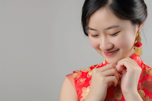 Portretfotografie Aziatische Chinese vrouw glimlachend in traditionele cheongsam qipao jurk op witte of grijze achtergrond Chinees nieuwjaarsfestival concept