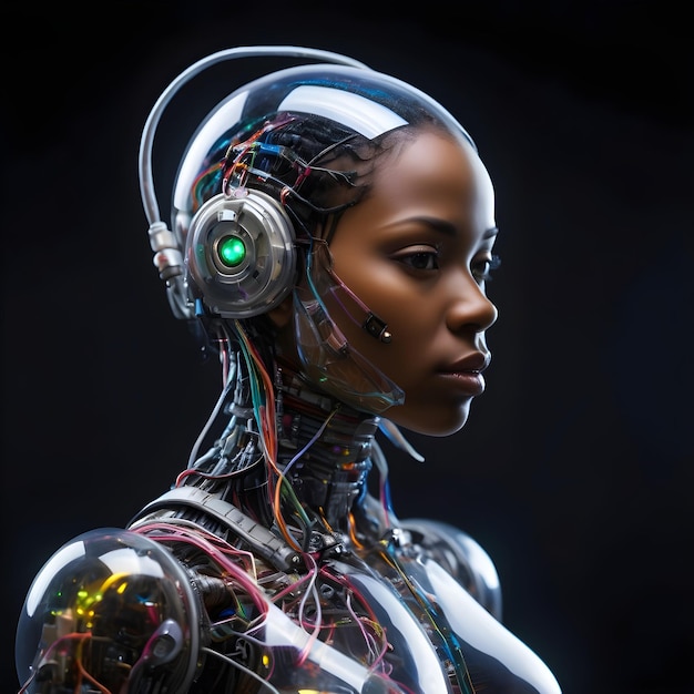 Portretfotografie een cyborg astronaut zwarte vrouw hoofd zonder lichaam verbonden door kabels en draden