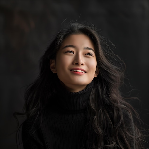 Portretfotografie langharige jonge Chinese vrouw in een zwarte trui