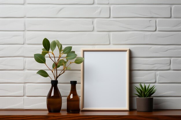 Portretframe Mockup op de tafel en minimalistische achtergrond van de kamer