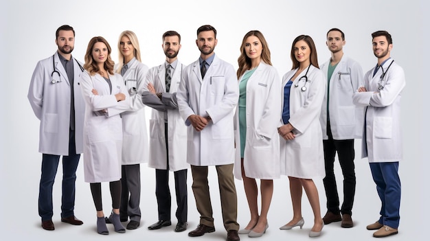 Portretgroep van diverse mannelijke en vrouwelijke verpleegkundigen en artsen in het medische team