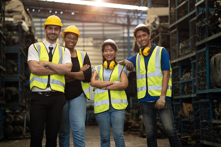 Foto portretgroep van ingenieur werknemer teampersoneel groep diversiteit werknemer samen in vuile metaalfabriek workshop achtergrond