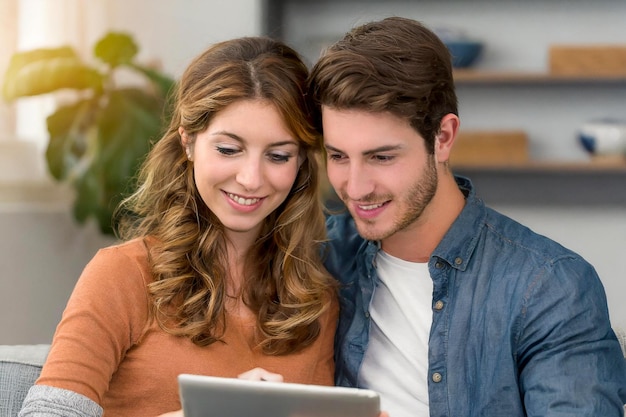 portretpaar man vrouw verliefd interieur huis raadplegen internet op tablet in het huis