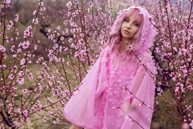 Portretvrouw in een roze jurk met bloemen staat naast een perzikboom