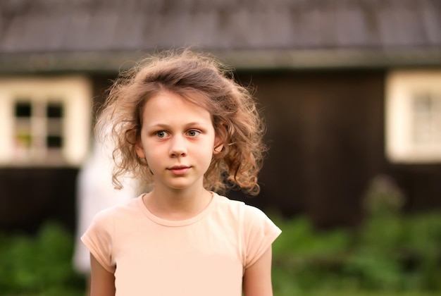 Portrit van gelukkig lachend meisje op de achtergrond van de woningbouw op het platteland.