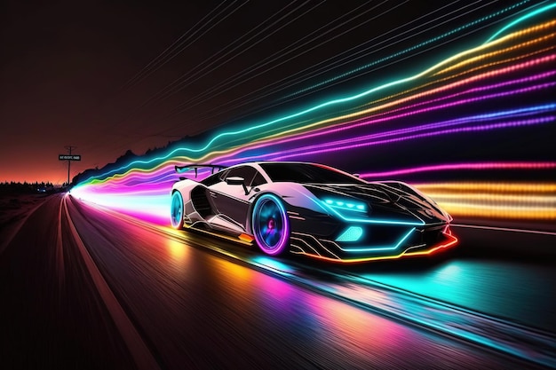 Ports Car On Neon Highway Powerful acceleration of a supercar on a night track with colorful lights