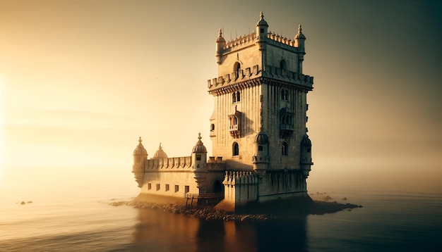 Photo portugal day background with the belem tower at sunset