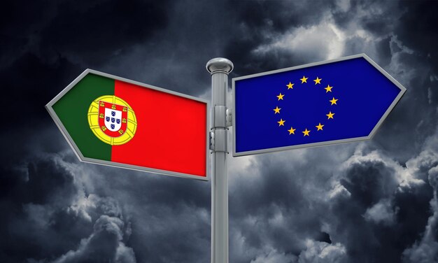 Portugal en Europese Unie wegwijzer Bewegen in verschillende richtingen 3D-rendering