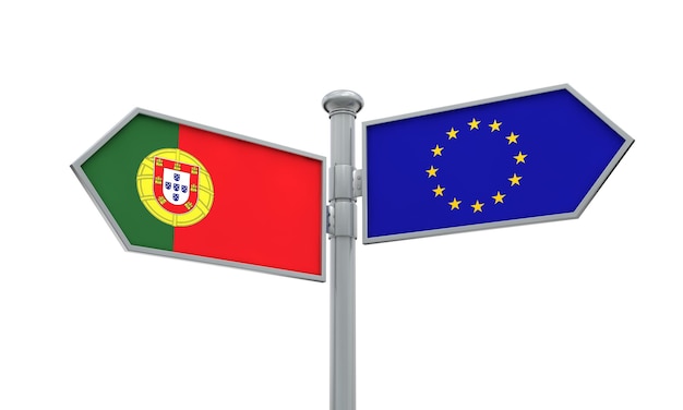 포르투갈과 유럽 연합 이정표 서로 다른 방향으로 이동 3D 렌더링