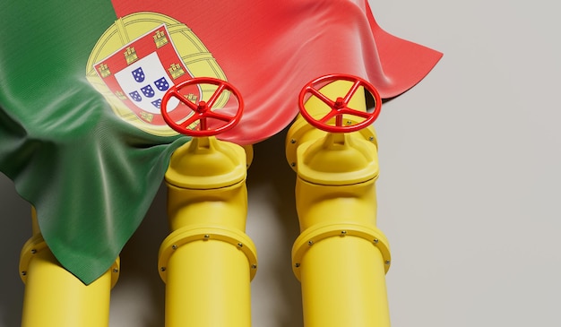 Portugal flag covering an oil and gas fuel pipe line Oil industry concept 3D Rendering