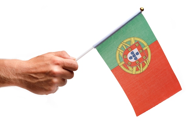 Portugal flag small in hand isolate.