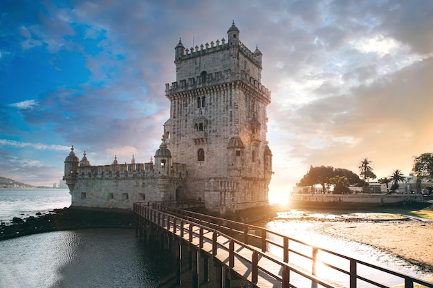 Portugal Lisbon Belem Tower at sunset on the bank of the Tagus River