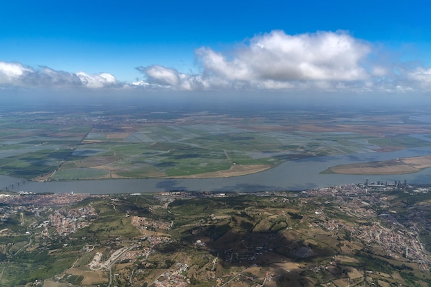 Portugal tagus river near lisbon aerial view from airplane