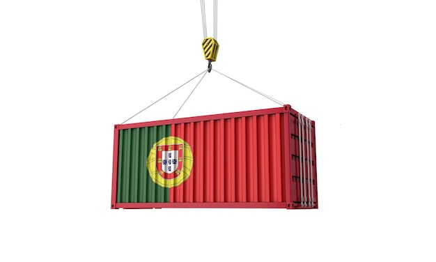 Portugal vlag vracht handelscontainer hangend aan een kraan d render