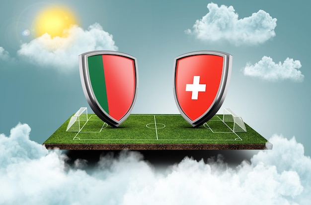 Portugal vs switzerland versus screen banner soccer concept\
football field stadium 3d illustration