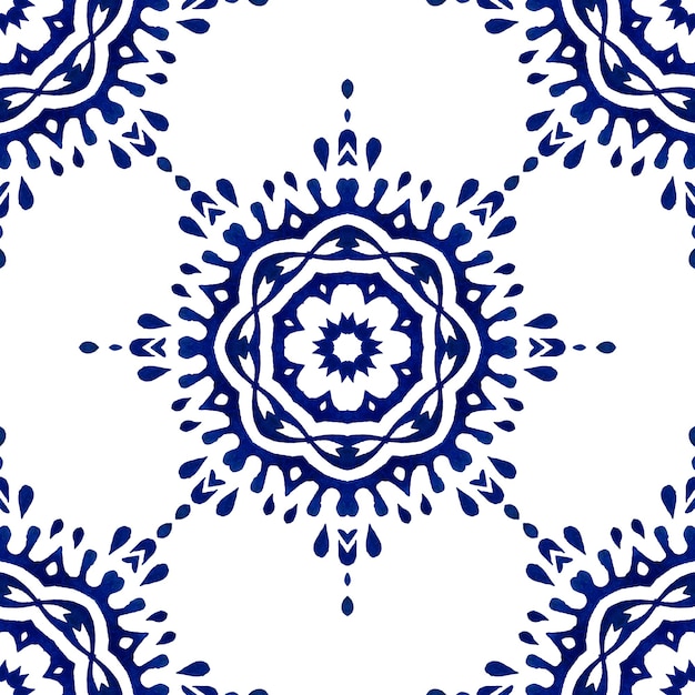 Portugese azulejo tegels. blauw en wit prachtig naadloos patroon met bloem. handgetekende aquarel