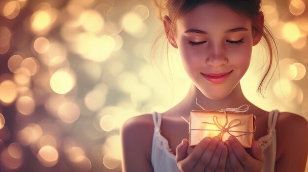 Portuguese girl her face illuminated with joy as she holds a beautifully wrapped gift in her hands