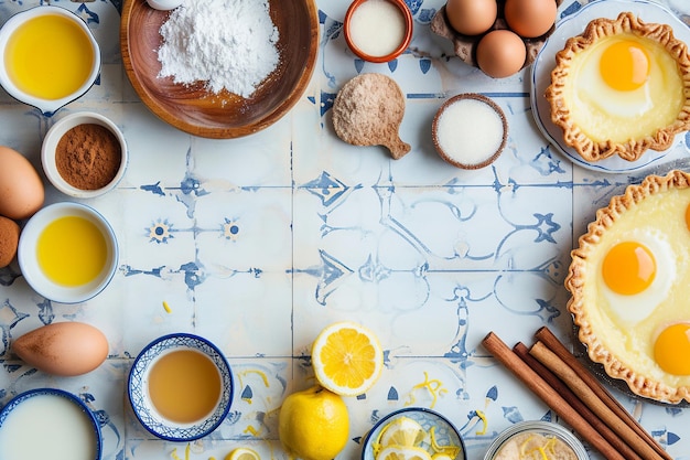 Portuguese Pastel de Nata Ingredients on Azulejo Tiles