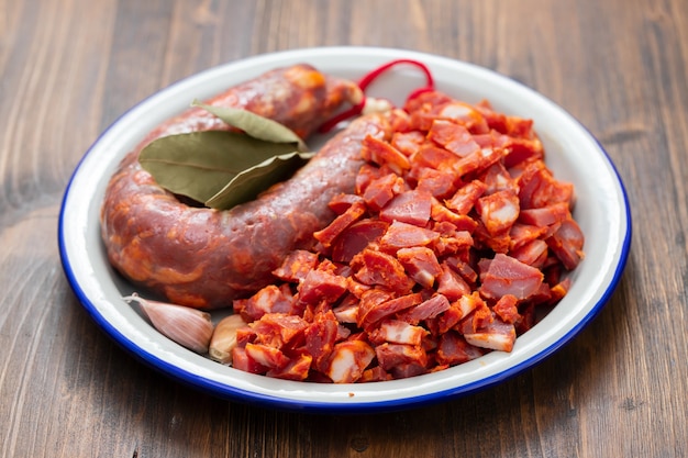 Portuguese smoked sausages in dish