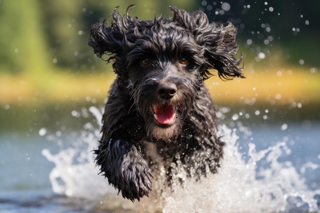 portuguese water dog running through water