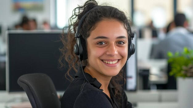 Portuguese woman with headset smiling at camera sitting in an office