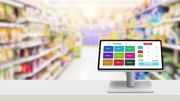 POS Point of sale kruidenier of retail management systeem programma concept Moderne touchscreen kassa op wit bureau met wazig supermarkt als achtergrond