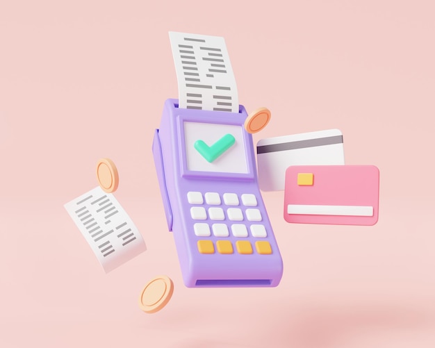 Pos terminal with credit card coins and bills Online payment terminal concept Receipt Cashless society Digital money transfer Financial transactions online payment 3d render illustration