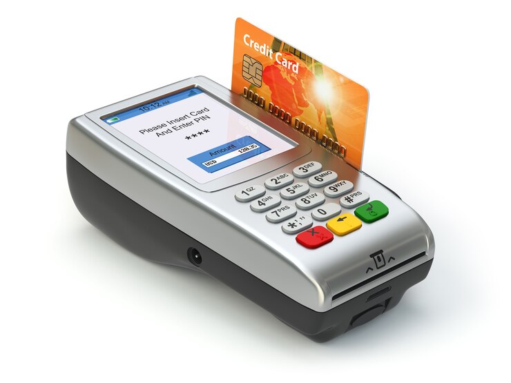 Photo pos terminal with credit card isolated on white. paying. 3d