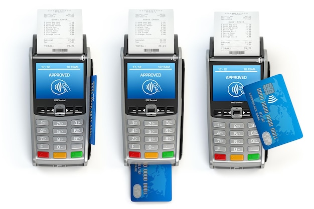 POS terminal with credit card with different types of using isolated on white