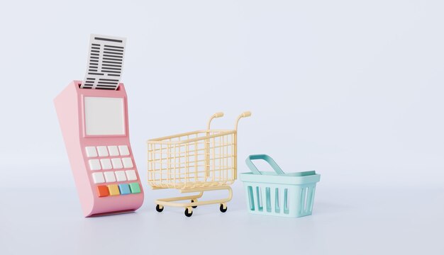 POS terminal with receipt money saving shopping cart and basket earning profit online payment