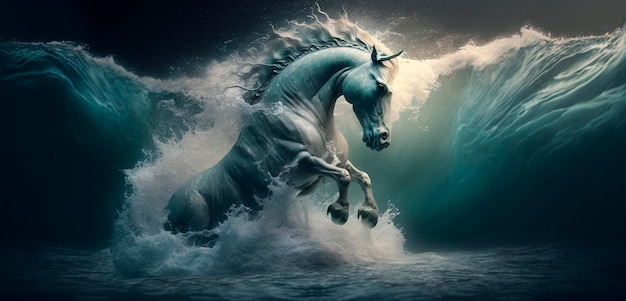 Premium AI Image | Poseidon's Creation A White Horse Emerging from the Waves