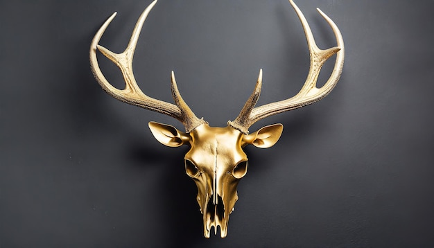 Posh gold deer skull with sharp antlers on black wall photo studio light product photo hyper