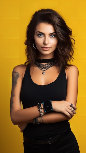 Posing against a blank yellow backdrop is a lovely woman with a tattoo wearing black tops and jewelry generative ai