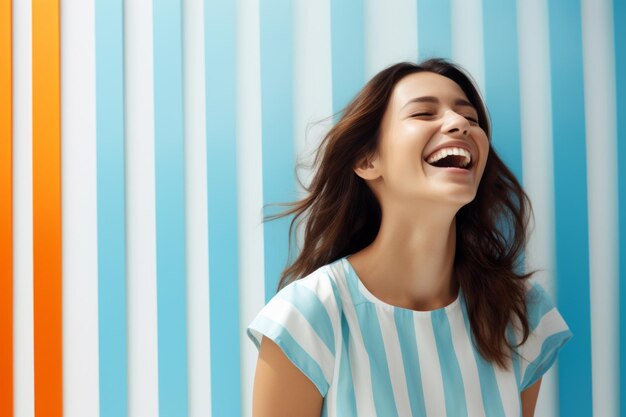 Posing girl in aquamarine orange exuding effortless chic laughing Generative AI