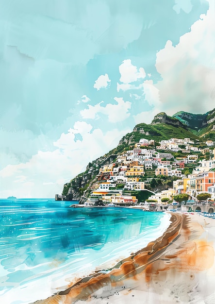 Photo positano italy landscape watercolor wedding invitation template