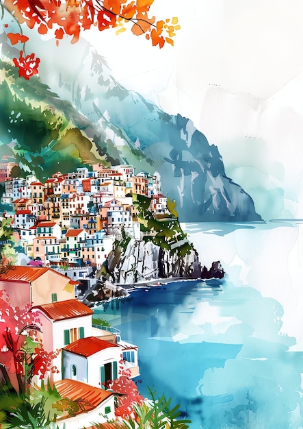 Positano Italy landscape watercolor wedding invitation template