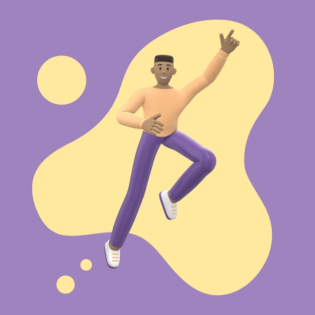 Positief karakter in gekleurde kleding. een jonge vrolijke afrikaanse man rent, danst, springt