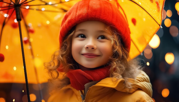 positief meisje glimlachend in een regenjas met capuchon en genietend van de regen met paraplu buitenshuis