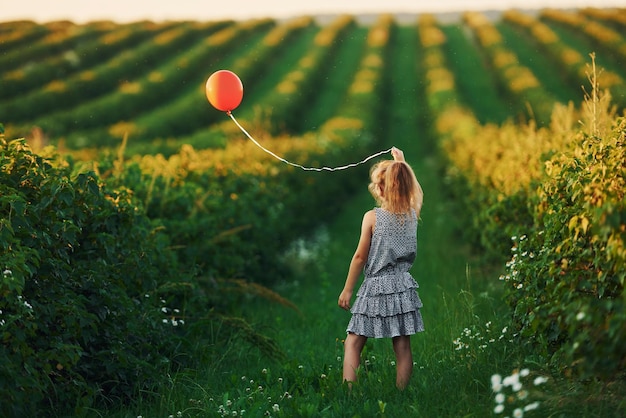 Positief meisje met rode ballon in handen veel plezier op het veld in de zomerdag