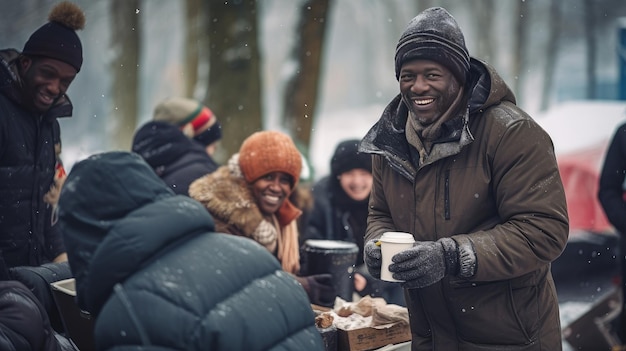 Foto positieve daklozen zitten aan een tafel in een lawaaierige cafetaria in een daklozenpark omringd door