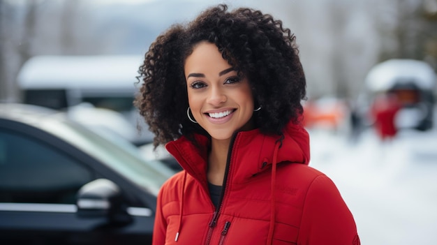 Positieve emoties vastleggen die een jonge vrouw buiten in de winter poseert