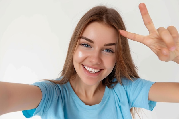 Positieve jonge maakt een vredesgebaar over het oog neemt een selfie via de voorste smartphone camera