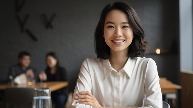 Positieve jonge mooie Aziatische vrouw met een brede warme glimlach heeft donker haar en gezonde huid zijn s