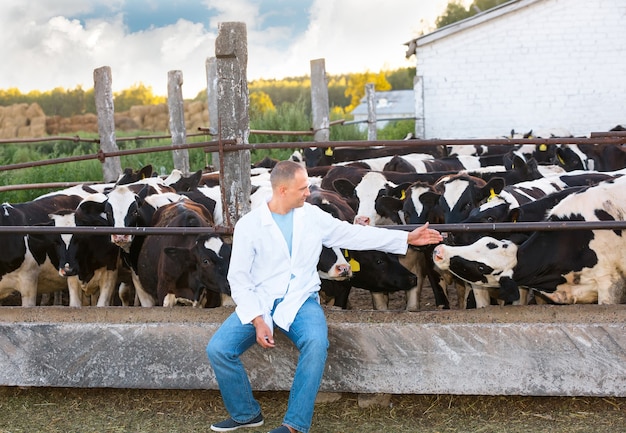 Positieve man op de boerderij koeien