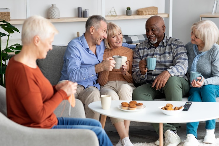 Positieve multiraciale senioren die samen tijd doorbrengen in het bejaardentehuis
