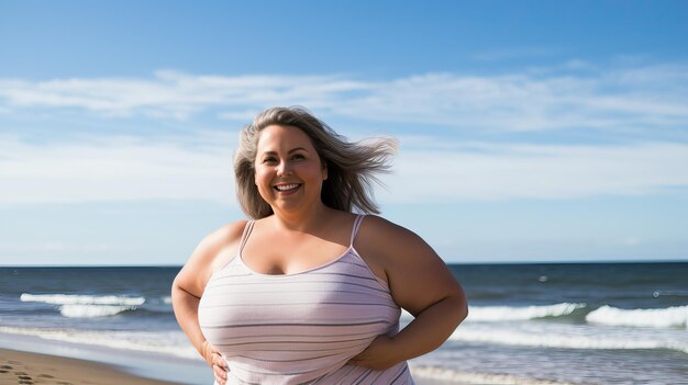 Positieve Plus Size Vrouw op Oceaan Strand Glimlachend Portret