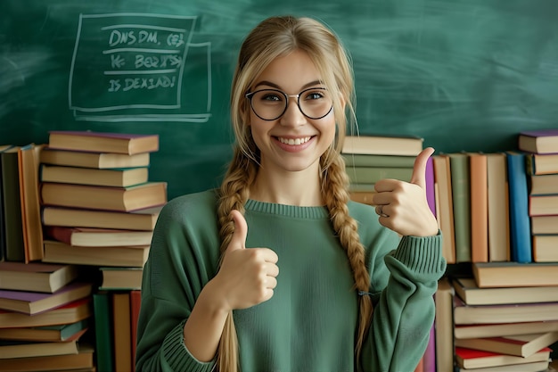 Positieve vrouwelijke lerares geeft de duim omhoog