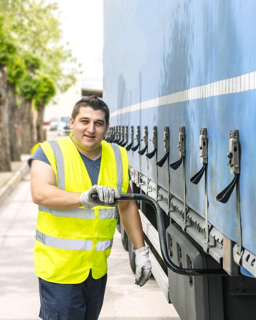 Positieve werker die aanhangwagen verbindt met een trekker