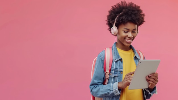 Positive African American teen student with backpack tablet pc and headphones studying online on pink studio background banner with free space