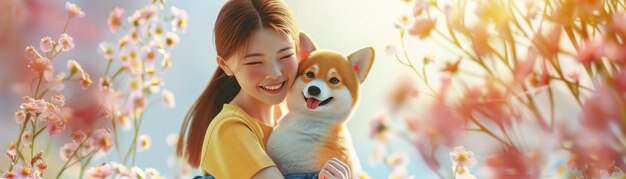 ポジティブなアジアの女の子はコルギー犬を抱いてカワイイの振動を放出します